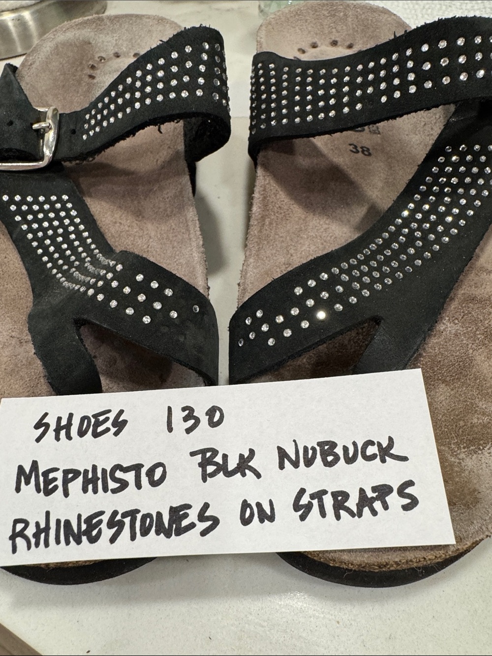 MEPHISTO “Helena Spark” black nubuck slide sandals, rhinestones on straps, 8 - Picture 11 of 16
